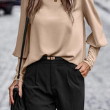 Women’s Blouse – Satin Finish – Relaxed Fit – Puff Sleeve – Button Front – Hip Length