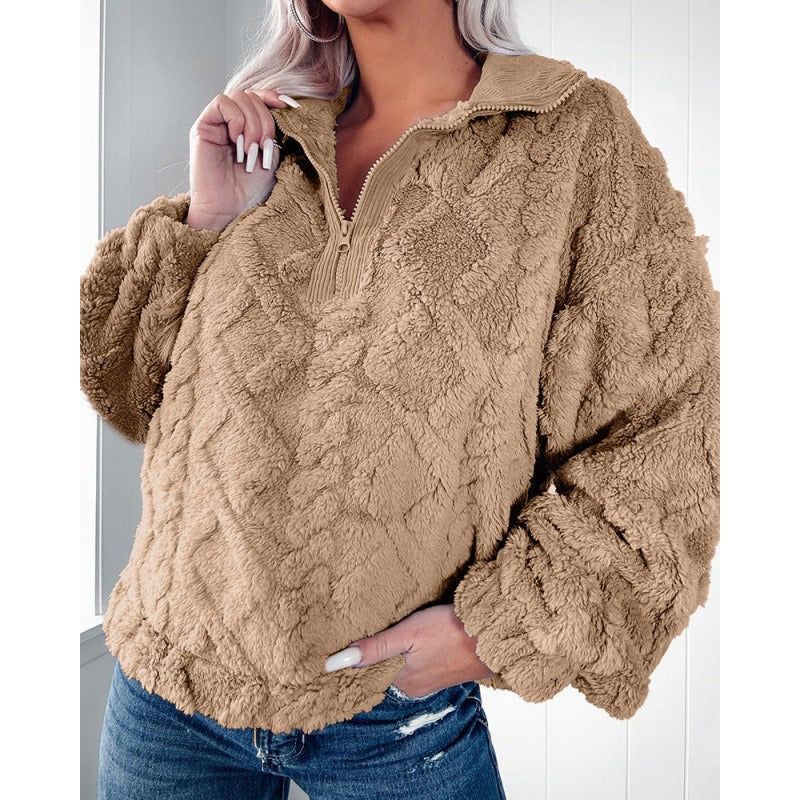 Women’s Pullover Sweatshirt – Plush Fleece – Oversized Fit – Half Zip Stand Collar