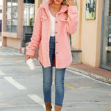 Women’s Shacket – Oversized Fit – Sherpa Fleece – Longline Button Front – Patch Pockets