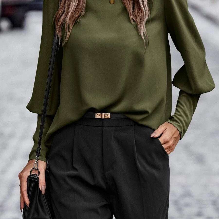 Women’s Blouse – Satin Finish – Relaxed Fit – Puff Sleeve – Button Front – Hip Length