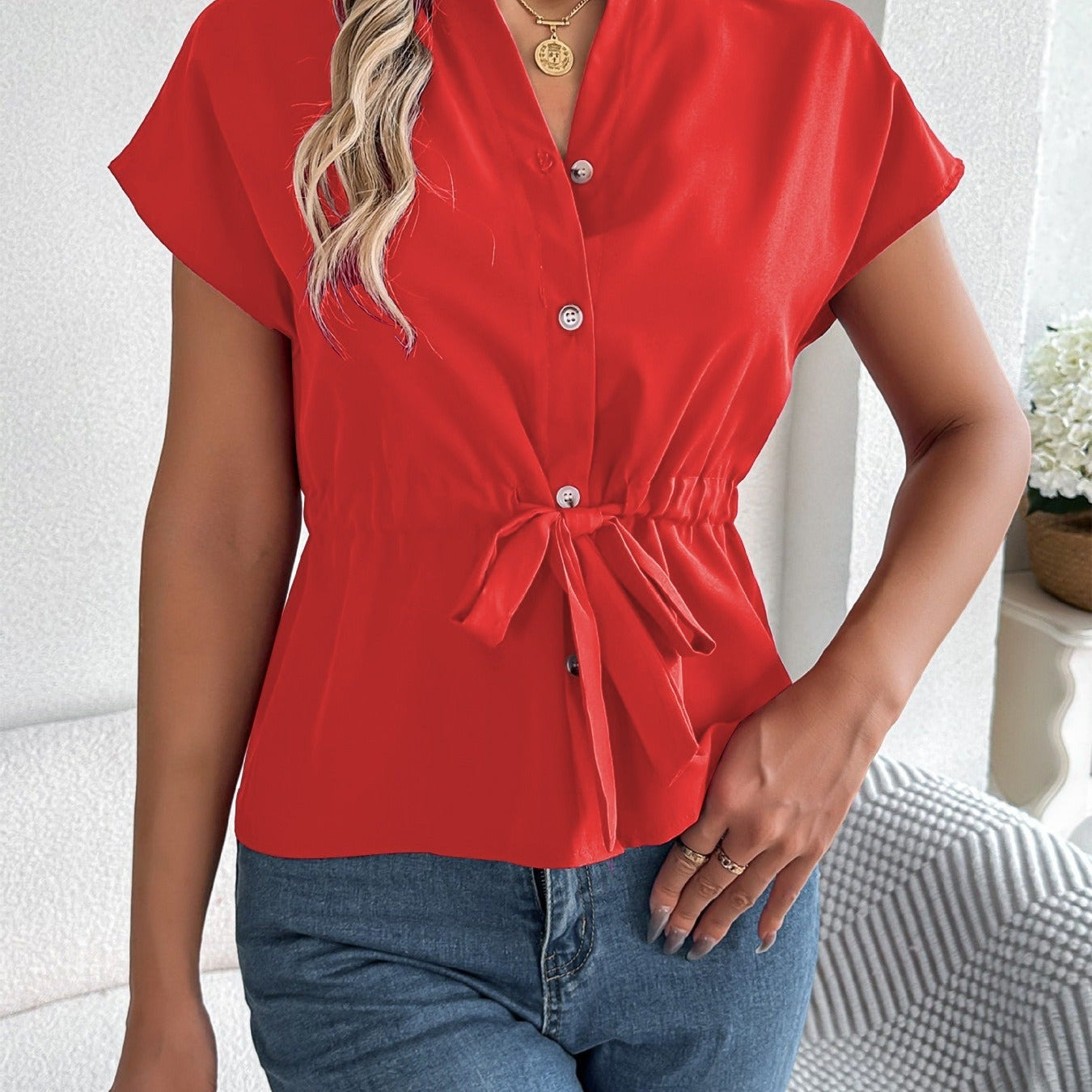 Women’s Blouse – Relaxed Fit – Short Sleeve – V-Neck – Button Front – Waist Tie