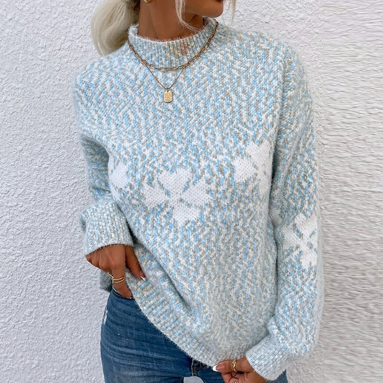 Women’s Sweater – Wool Knit – Relaxed Fit – High Neck – Floral Pattern – Long Sleeve