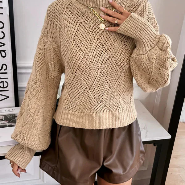 Women’s Pullover Sweater – Wool Knit – Oversized Fit – Turtleneck – Lantern Sleeve