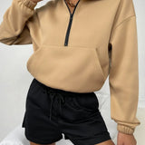 Women’s Sweater – Fleece Lined – Loose Fit – Zip Front – Stand Collar – Kangaroo Pocket