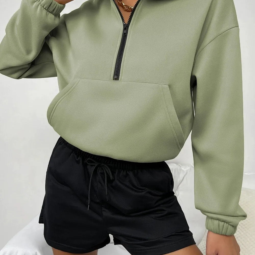 Women’s Sweater – Fleece Lined – Loose Fit – Zip Front – Stand Collar – Kangaroo Pocket