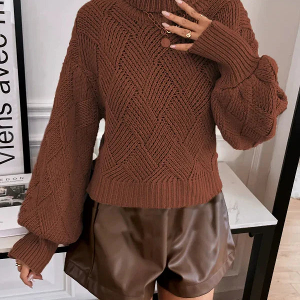 Women’s Pullover Sweater – Wool Knit – Oversized Fit – Turtleneck – Lantern Sleeve