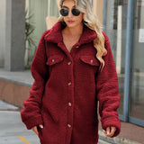 Women’s Shacket – Oversized Fit – Sherpa Fleece – Longline Button Front – Patch Pockets