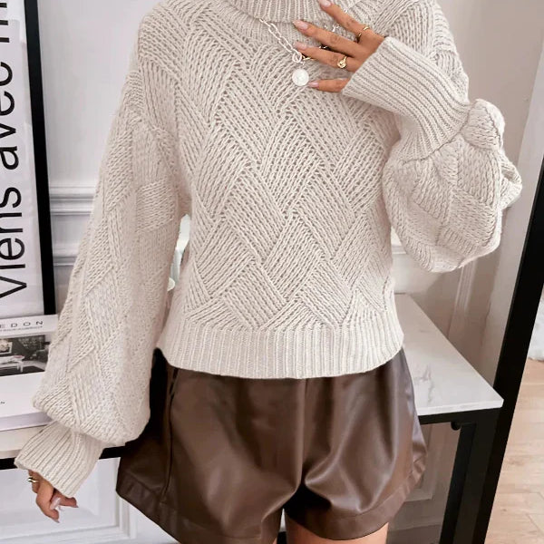Women’s Pullover Sweater – Wool Knit – Oversized Fit – Turtleneck – Lantern Sleeve