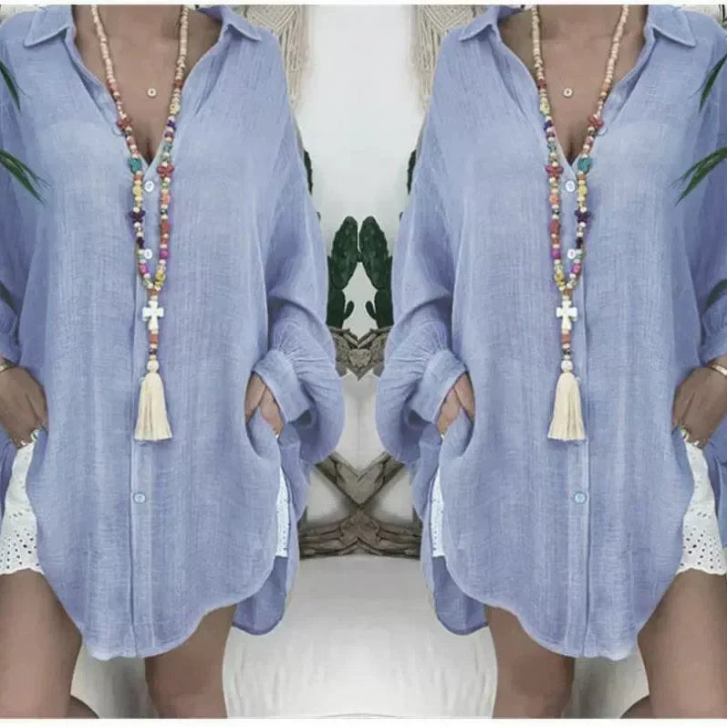 Women’s Blouse – Oversized Fit – Button Up – Long Sleeve – Cotton Linen – Tunic Style
