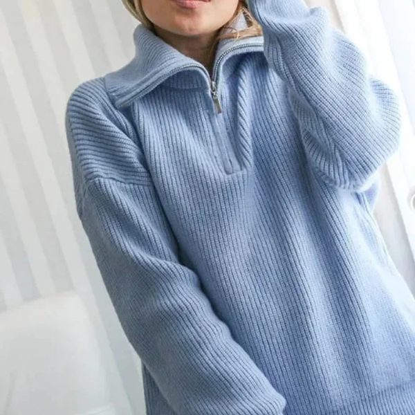 Women’s Pullover Sweater – Wool – Relaxed Fit – High Zip Collar – Ribbed Trim