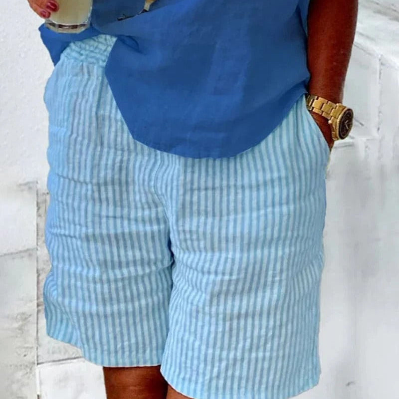 Women’s Shorts – Relaxed Fit – Breathable Blend – Striped – Mid-Thigh with Pockets