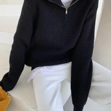 Women’s Pullover Sweater – Wool – Relaxed Fit – High Zip Collar – Ribbed Trim