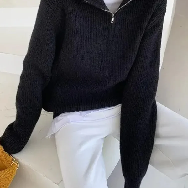 Women’s Pullover Sweater – Wool – Relaxed Fit – High Zip Collar – Ribbed Trim
