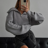 Women’s Pullover Sweater – Wool – Relaxed Fit – High Zip Collar – Ribbed Trim