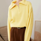 Women’s Pullover Sweater – Wool – Relaxed Fit – High Zip Collar – Ribbed Trim