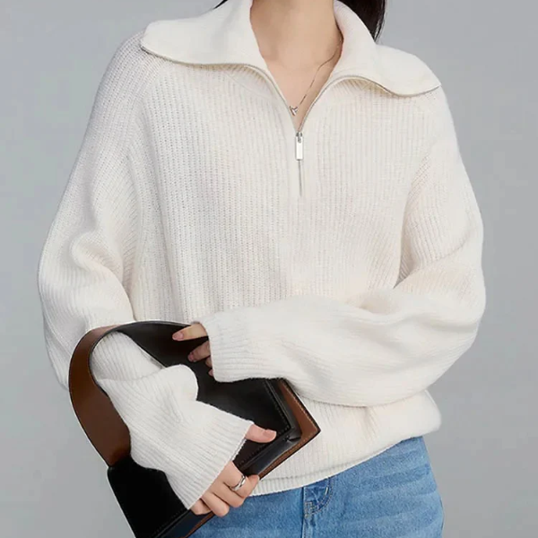 Women’s Pullover Sweater – Wool – Relaxed Fit – High Zip Collar – Ribbed Trim