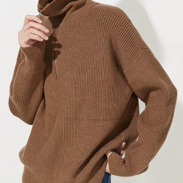 Women’s Pullover Sweater – Wool – Relaxed Fit – High Zip Collar – Ribbed Trim