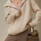 Women’s Pullover Sweater – Wool – Relaxed Fit – High Zip Collar – Ribbed Trim