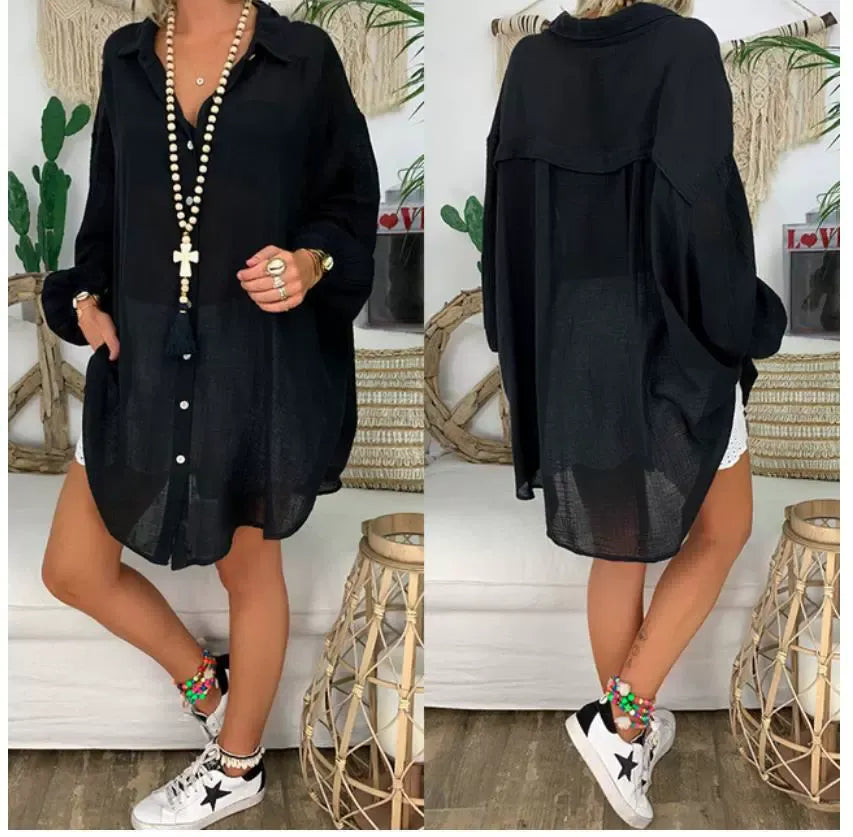 Women’s Blouse – Oversized Fit – Button Up – Long Sleeve – Cotton Linen – Tunic Style