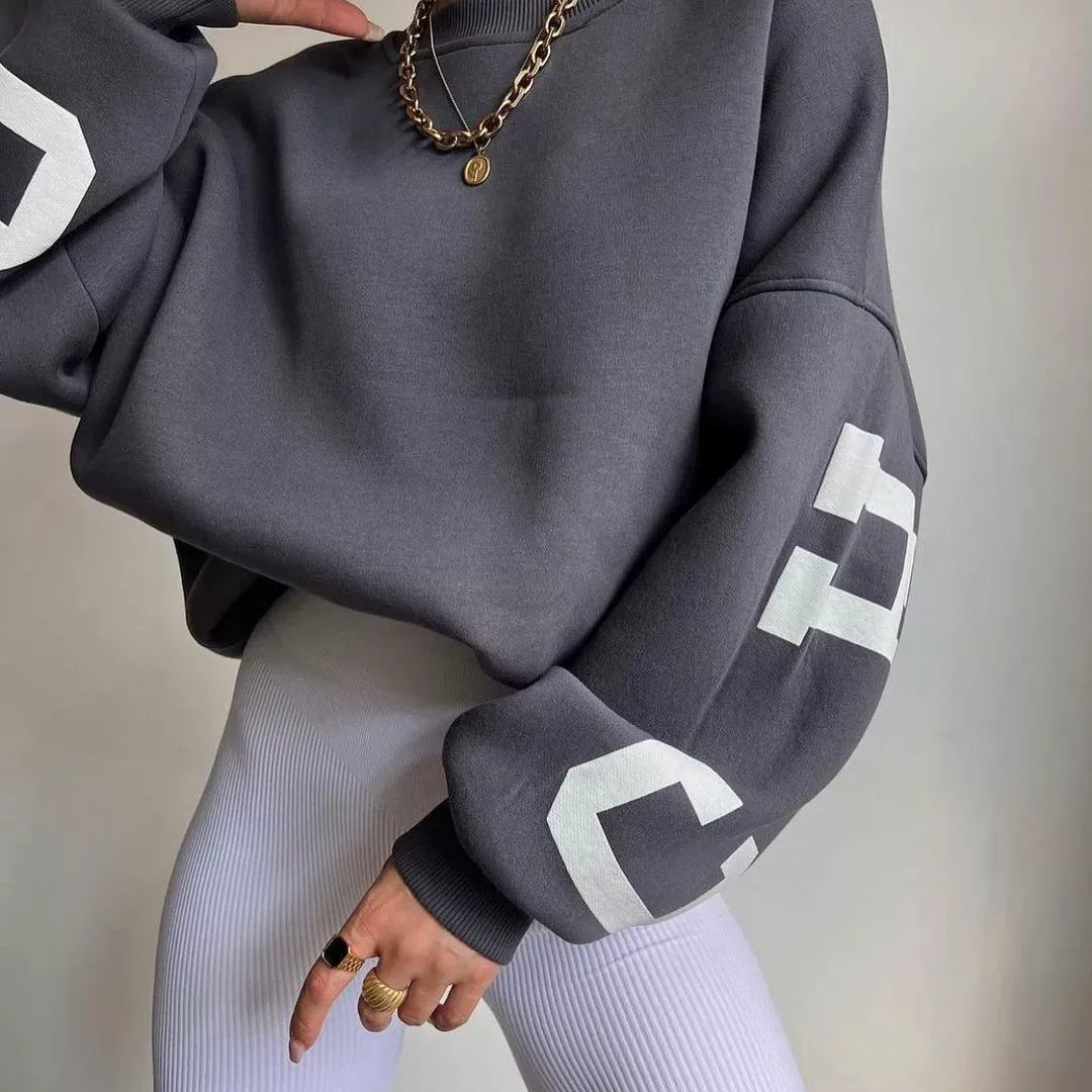 Women’s Oversized Sweatshirt – Cotton Blend – Long Sleeve – Graphic Sleeve Detail