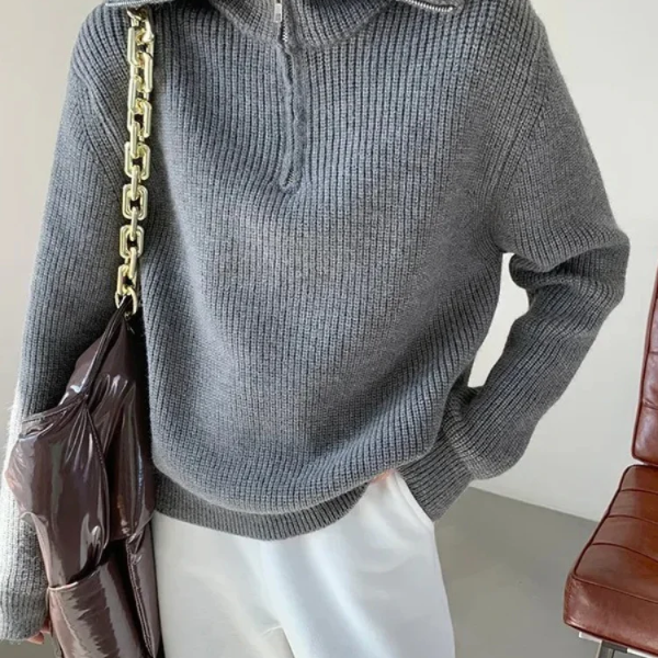 Women’s Pullover Sweater – Wool – Relaxed Fit – High Zip Collar – Ribbed Trim