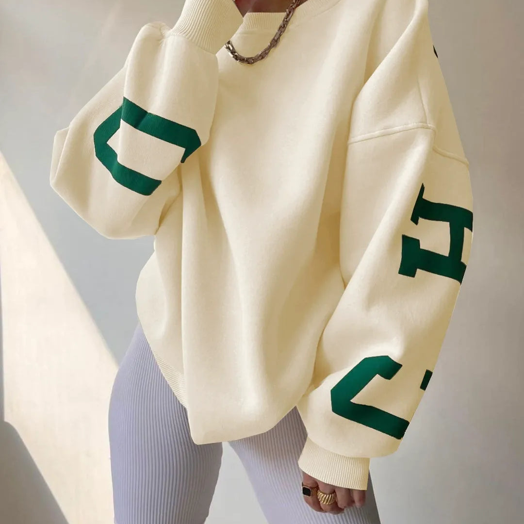 Women’s Oversized Sweatshirt – Cotton Blend – Long Sleeve – Graphic Sleeve Detail