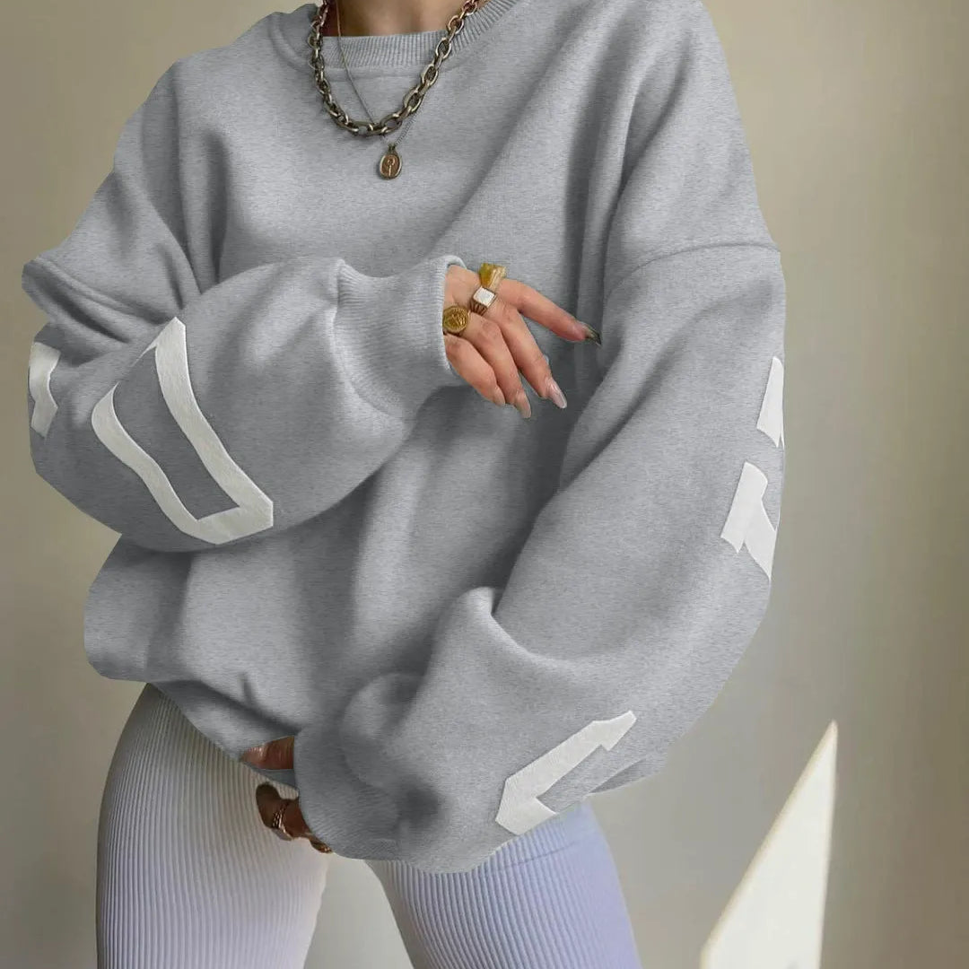 Women’s Oversized Sweatshirt – Cotton Blend – Long Sleeve – Graphic Sleeve Detail