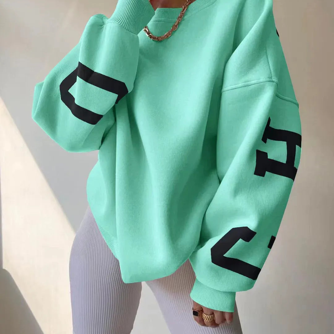 Women’s Oversized Sweatshirt – Cotton Blend – Long Sleeve – Graphic Sleeve Detail