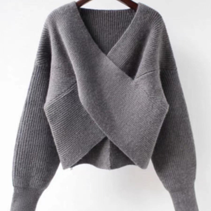 Women’s Oversized Sweatshirt – Knitted Ribbed Texture – V-Neck – Balloon Sleeves