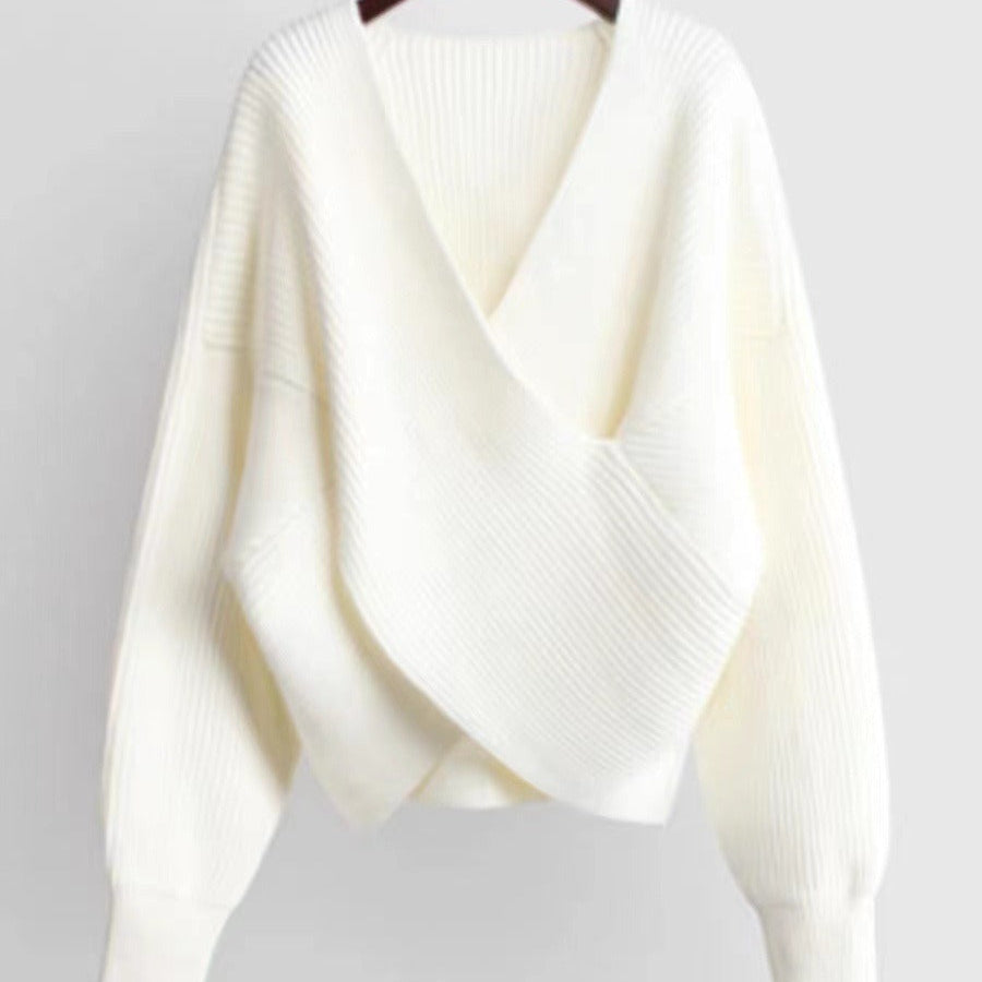 Women’s Oversized Sweatshirt – Knitted Ribbed Texture – V-Neck – Balloon Sleeves