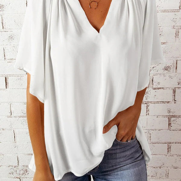 Women’s Blouse – Relaxed Fit – V-Neck – Short Sleeve – Flowy Lightweight Casual Top