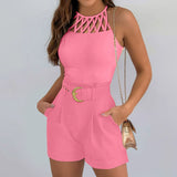 Women’s Romper – Slim Fit – Geometric Neckline – Sleeveless – Belted Waist – Cotton Blend