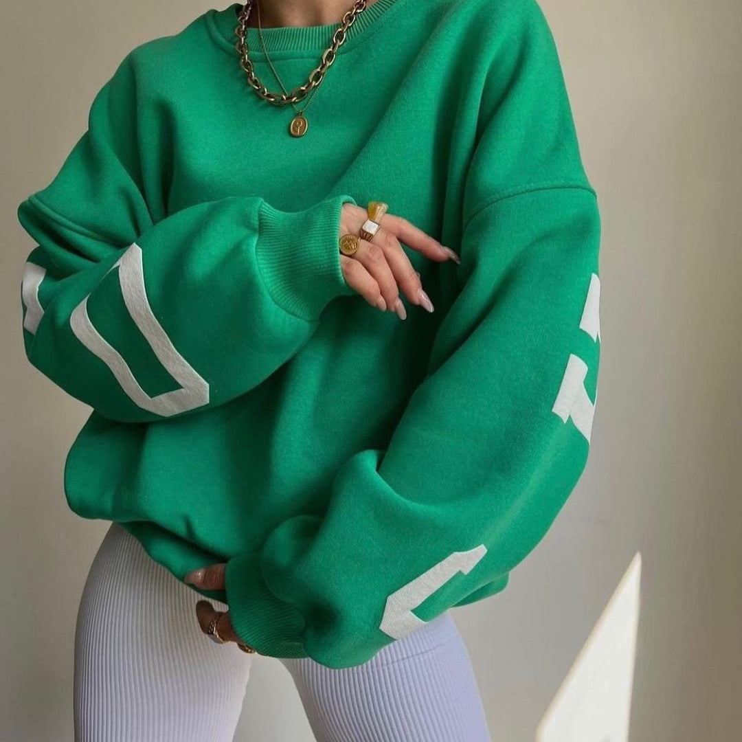 Women’s Oversized Sweatshirt – Cotton Blend – Long Sleeve – Graphic Sleeve Detail