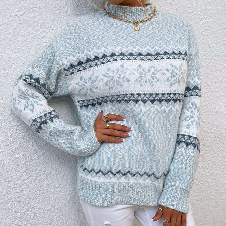 Women’s Pullover Sweater – Wool Knit – Relaxed Fit – Snowflake Pattern – High Neck