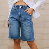 Women’s Denim Shorts – High Waisted – Relaxed Fit – Paneled Seams – Knee Length