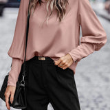 Women’s Blouse – Satin Finish – Relaxed Fit – Puff Sleeve – Button Front – Hip Length