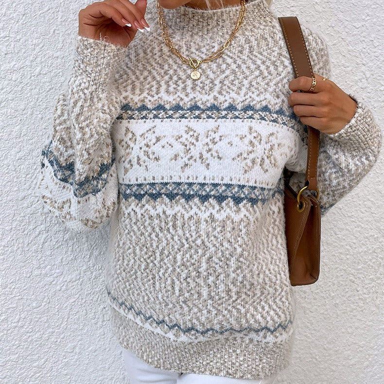 Women’s Pullover Sweater – Wool Knit – Relaxed Fit – Snowflake Pattern – High Neck