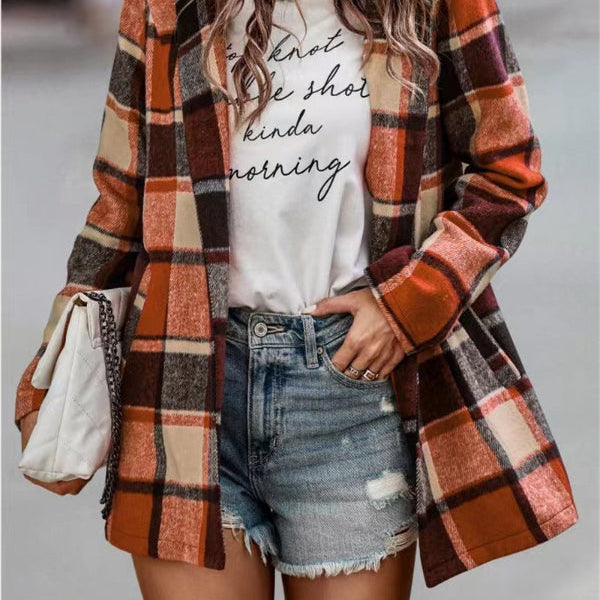 Women’s Cardigan Coat – Oversized Fit – Wool – Plaid Print – Mid Length – Open Front