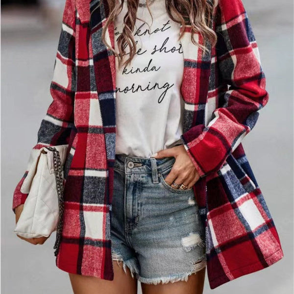 Women’s Cardigan Coat – Oversized Fit – Wool – Plaid Print – Mid Length – Open Front