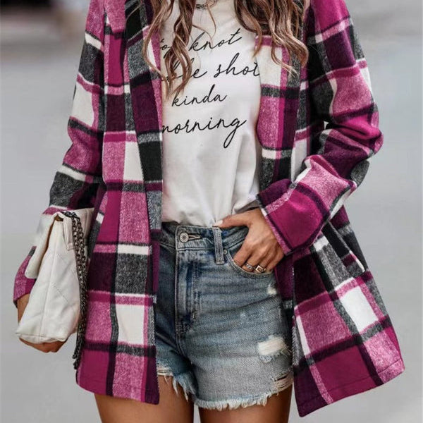Women’s Cardigan Coat – Oversized Fit – Wool – Plaid Print – Mid Length – Open Front