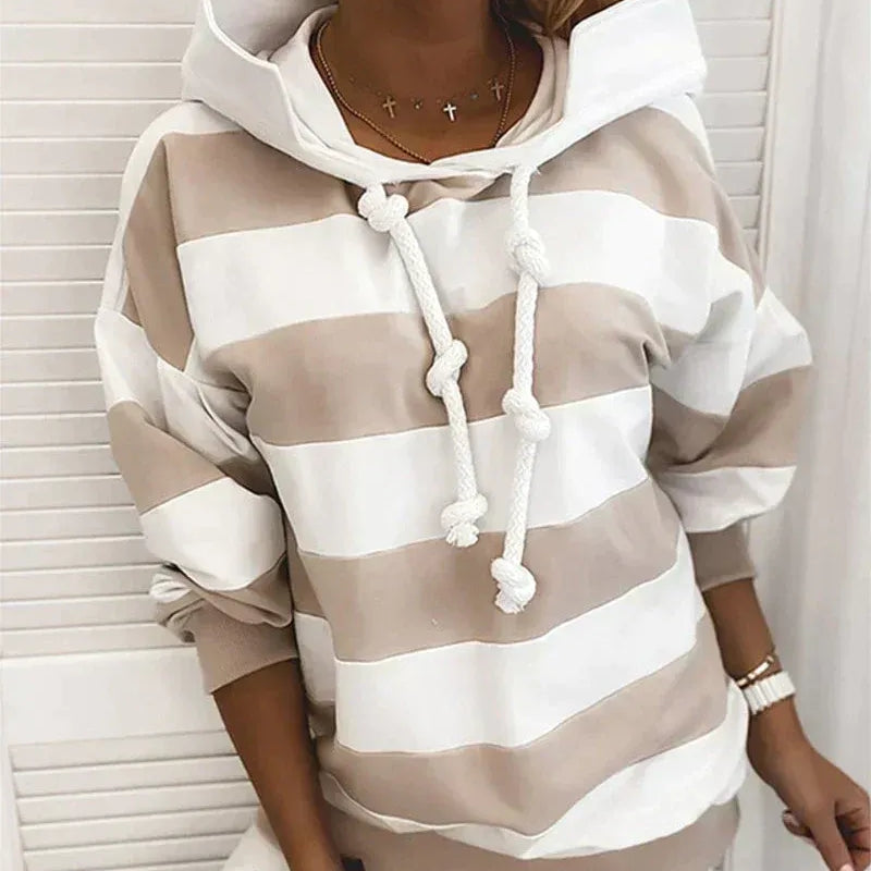 Women’s Hooded Sweatshirt – Oversized Fit – Jersey Knit – Striped – Knotted Drawstring