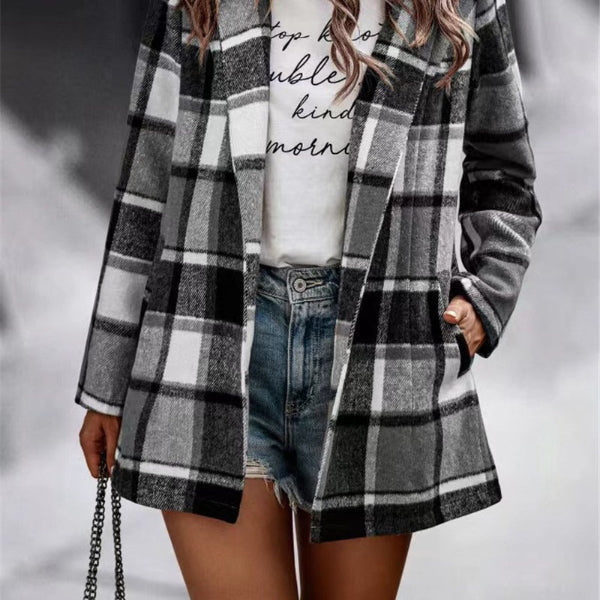 Women’s Cardigan Coat – Oversized Fit – Wool – Plaid Print – Mid Length – Open Front