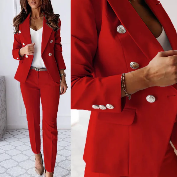 Women’s Suit Set – Tailored Double-Breasted Blazer – Slim Fit High Waist Trousers