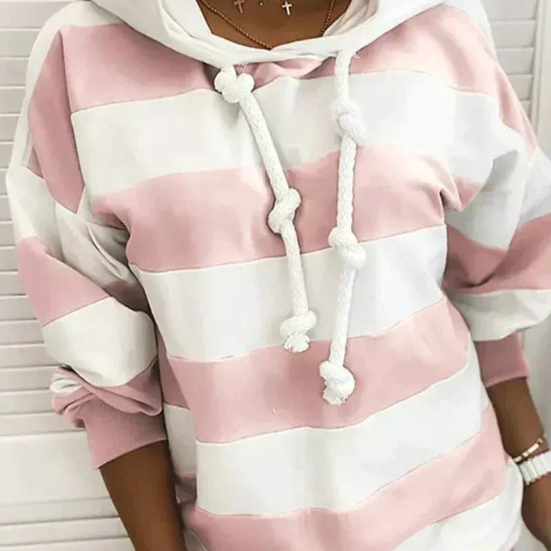 Women’s Hooded Sweatshirt – Oversized Fit – Jersey Knit – Striped – Knotted Drawstring