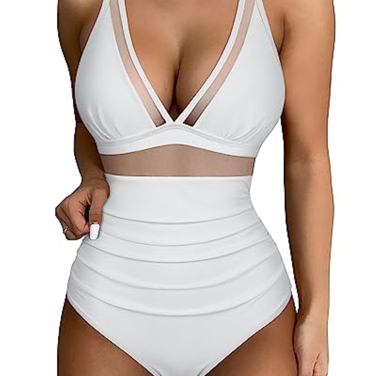 Women’s Swimsuit – Fitted One-Piece – Plunging Neckline – Mesh Panels – High-Cut Leg