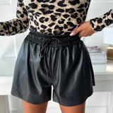 Women's Shorts - Faux Leather - High Waist Elastic Drawstring - Relaxed Fit