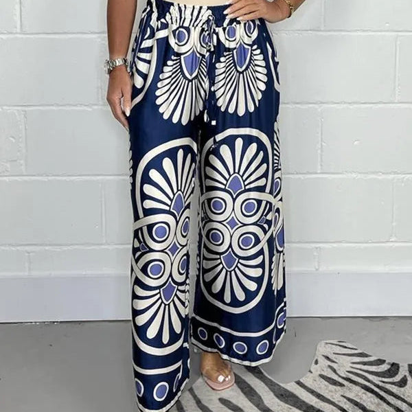 Women's Palazzo Trousers - Wide Leg - Elastic Drawstring Waist - Lightweight Flowing Fit