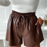 Women's Shorts - Faux Leather - High Waist Elastic Drawstring - Relaxed Fit