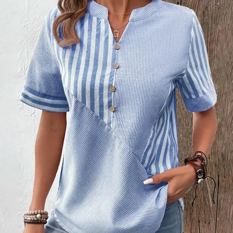 Women's Blouse - Lightweight Breathable Fabric - Striped - Mandarin Collar - Short Cuffed Sleeves