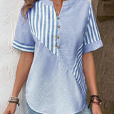 Women's Blouse - Lightweight Breathable Fabric - Striped - Mandarin Collar - Short Cuffed Sleeves